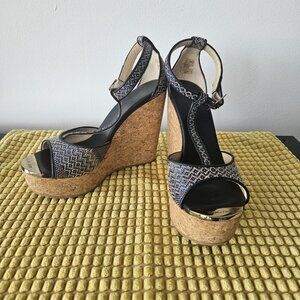 Jimmy Choo Pela Wedges- Woven Fabric Navy Marble Size 38